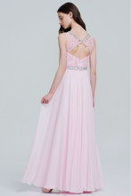 A-Line Scoop Neck Floor-Length Chiffon Lace Prom Dresses With Beading