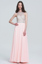 Elegant High Neck Beaded Bodice Pearl Pink Prom Dresses