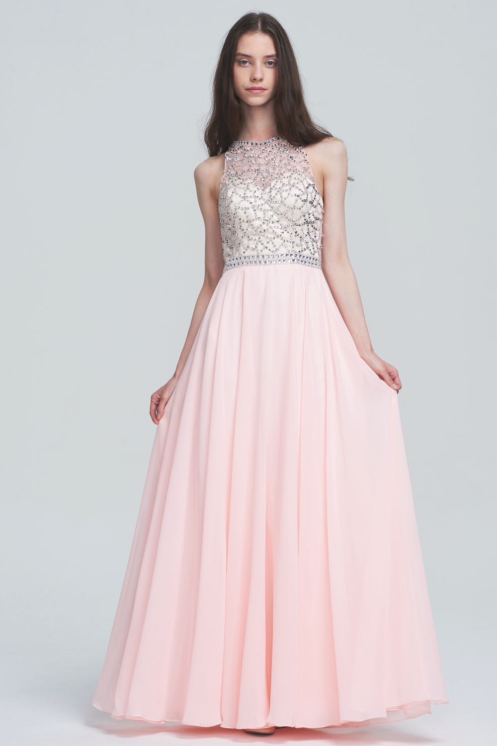 Elegant High Neck Beaded Bodice Pearl Pink Prom Dresses