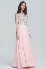 Elegant High Neck Beaded Bodice Pearl Pink Prom Dresses