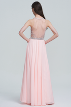 Elegant High Neck Beaded Bodice Pearl Pink Prom Dresses