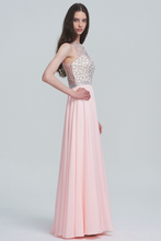 Elegant High Neck Beaded Bodice Pearl Pink Prom Dresses