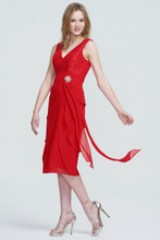 Sleeveless V-Neck Red Lace Cocktail Dress with Beaded Waist Detail