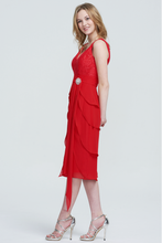 Sleeveless V-Neck Red Lace Cocktail Dress with Beaded Waist Detail