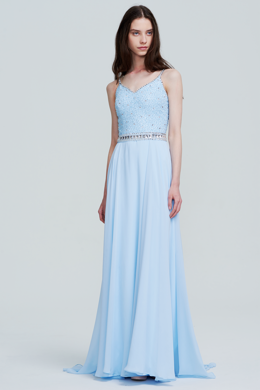Sky Blue Spaghetti Strap Beaded Bodice Chiffon Formal Prom/Evening Gown