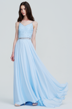 Sky Blue Spaghetti Strap Beaded Bodice Chiffon Formal Prom/Evening Gown