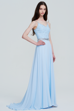 Sky Blue Spaghetti Strap Beaded Bodice Chiffon Formal Prom/Evening Gown