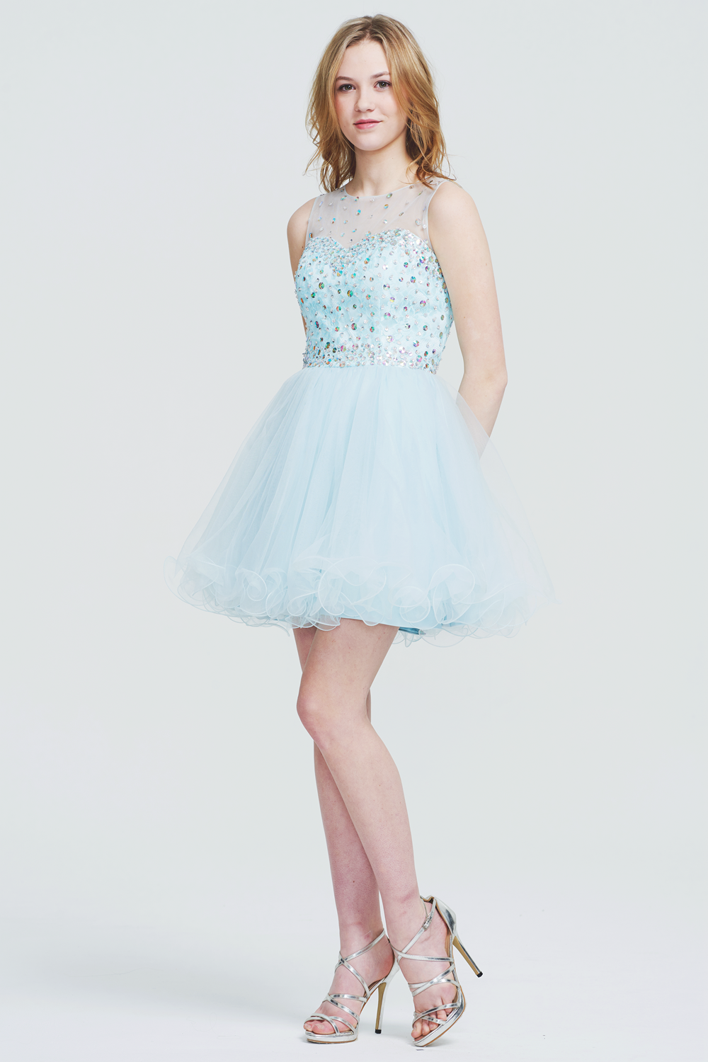 Sequin-Bodice Tulle A-Line Homecoming Dress with Illusion Neckline