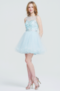 Sky Blue Sequin-Bodice Tulle A-Line Homecoming Dress with Illusion Neckline