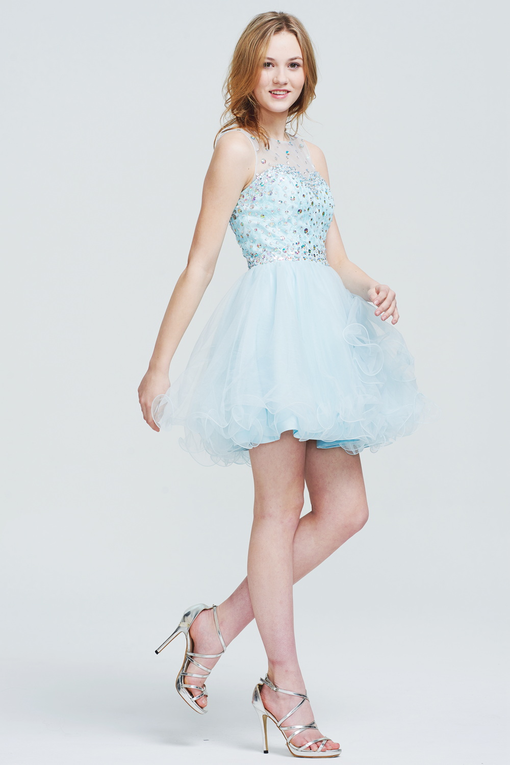 Sequin-Bodice Tulle A-Line Homecoming Dress with Illusion Neckline