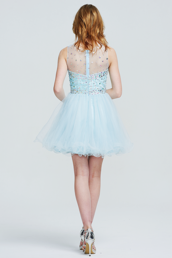 Sky Blue Sequin-Bodice Tulle A-Line Homecoming Dress with Illusion Neckline