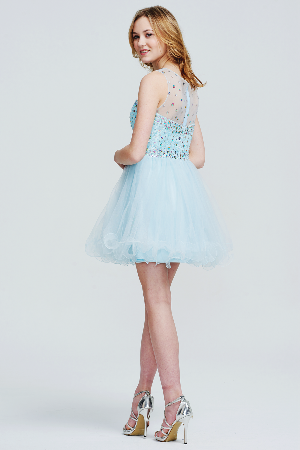 Sequin-Bodice Tulle A-Line Homecoming Dress with Illusion Neckline