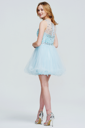 Sky Blue Sequin-Bodice Tulle A-Line Homecoming Dress with Illusion Neckline