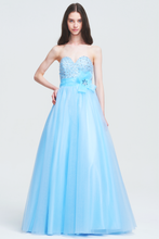 Sky Blue Strapless Sweetheart Sequin Bodice Tulle Prom Dress with Bow