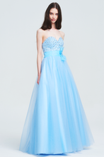 Sky Blue Strapless Sweetheart Sequin Bodice Tulle Prom Dress with Bow