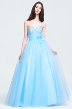 Sky Blue Strapless Sweetheart Sequin Bodice Tulle Prom Dress with Bow