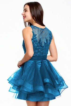Blue Tiered Tulle A-Line Homecoming Dress with Illusion Lace Bodice