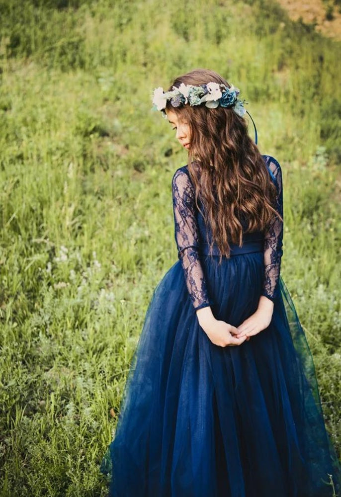 Long Sleeve Scoop Neck Tulle Navy Blue Flower Girl Dresses