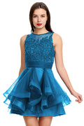 Blue Tiered Tulle A-Line Homecoming Dress with Illusion Lace Bodice