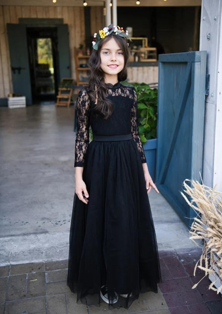 Lace Long Sleeve Black Tulle Flower Girl Dresses