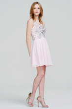 V-Neckline Iridescent Sequin Bodice Chiffon Short Homecoming Dress