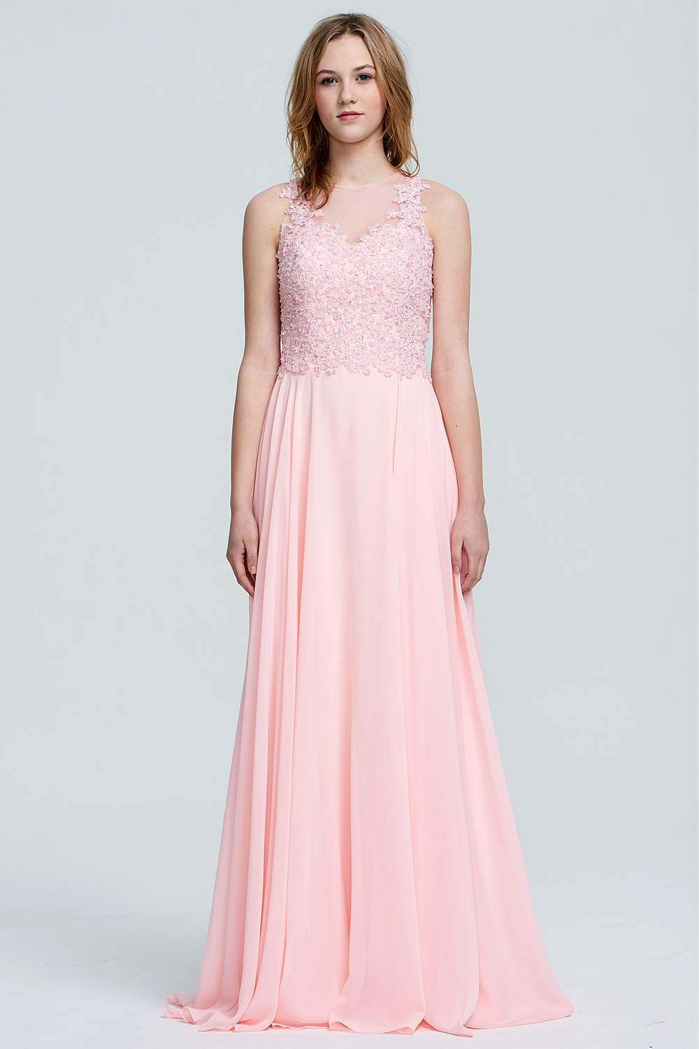 Lace-Applique Chiffon A-Line Bridesmaid Dress with Illusion Neckline