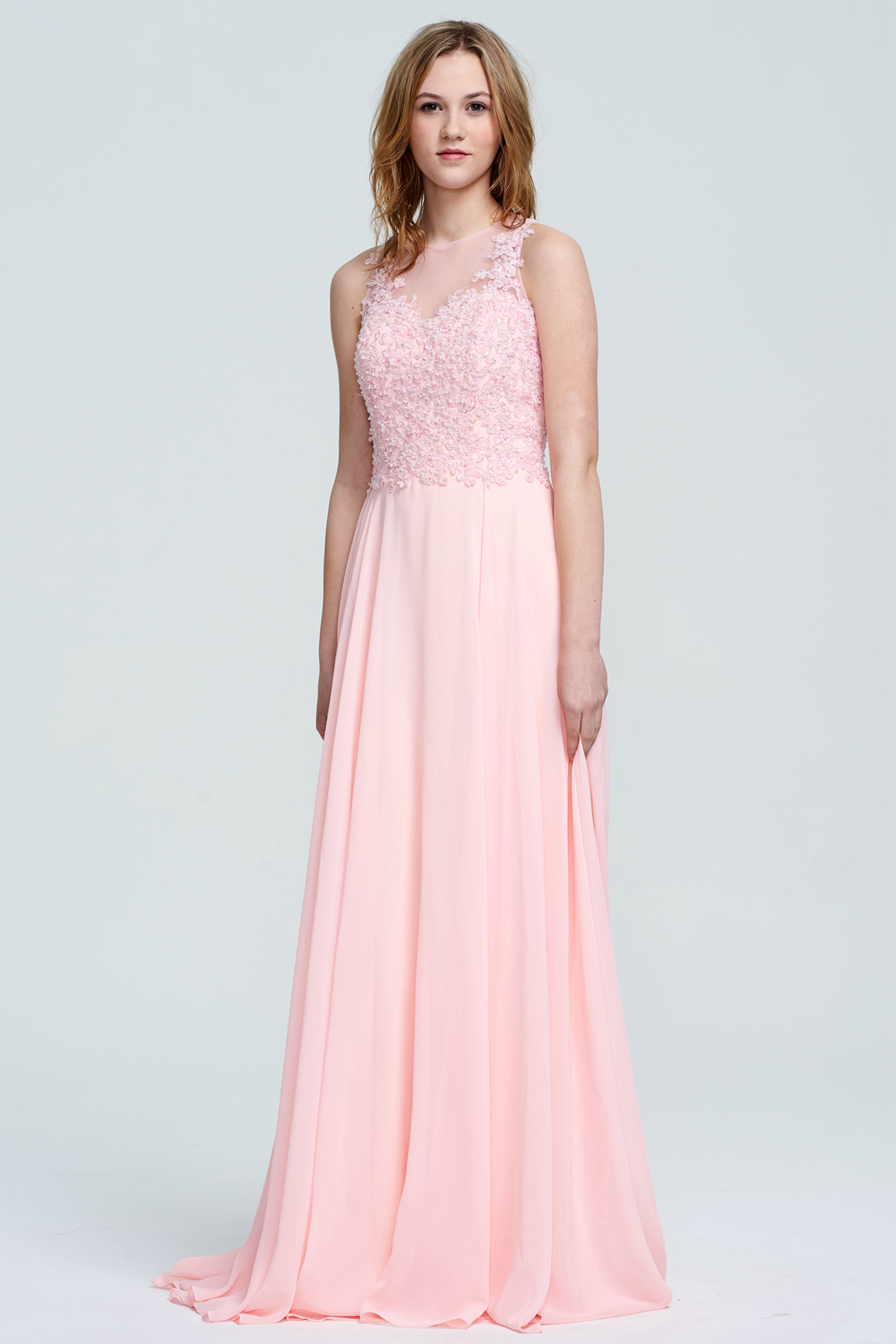 Sheer Neckline Lace Applique Sleeveless Chiffon Formal Prom Dress