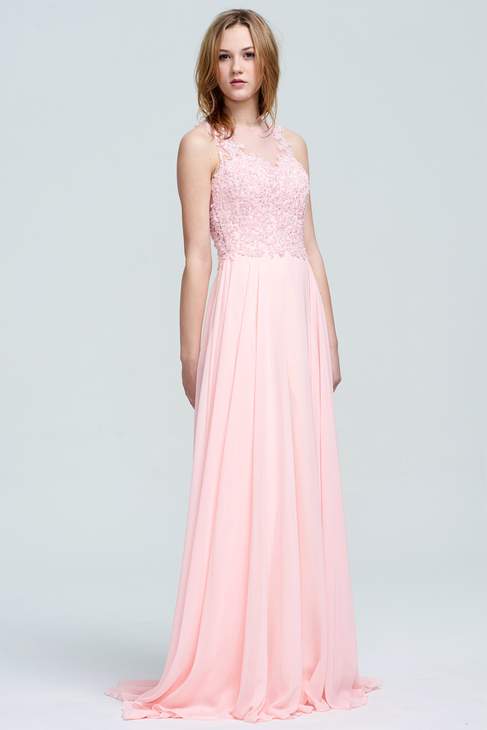 Lace-Applique Chiffon A-Line Bridesmaid Dress with Illusion Neckline