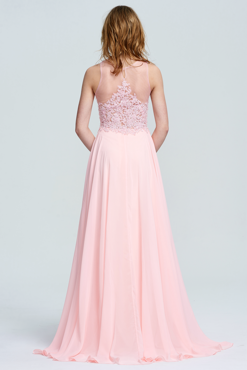 Lace-Applique Chiffon A-Line Bridesmaid Dress with Illusion Neckline