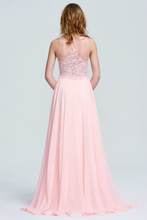 Sheer Neckline Lace Applique Sleeveless Chiffon Formal Prom Dress