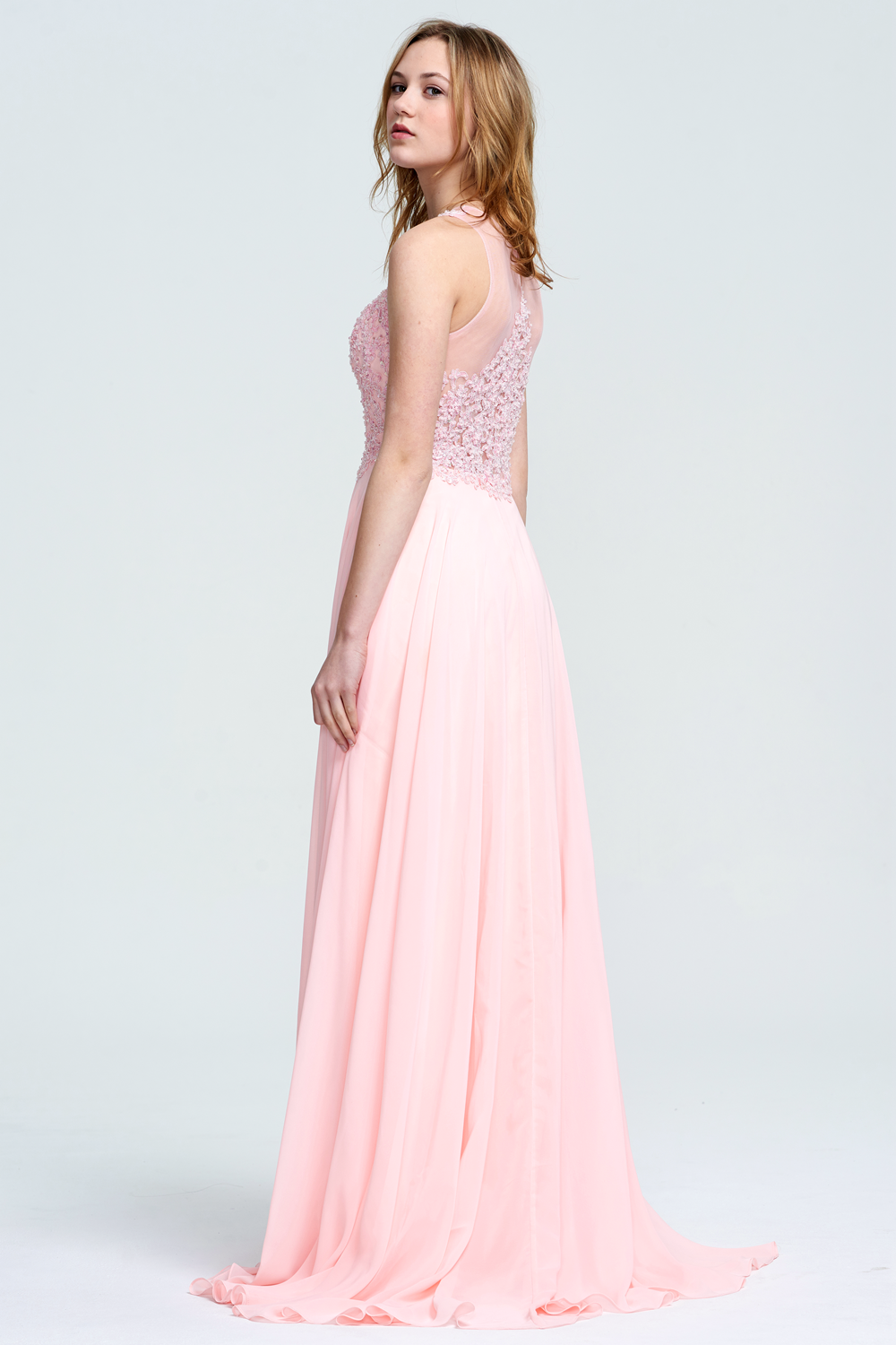 Lace-Applique Chiffon A-Line Bridesmaid Dress with Illusion Neckline