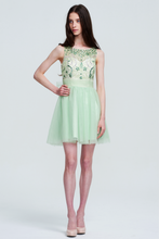 Mint Green Sleeveless Beaded Floral Bodice Tulle Short Homecoming Dress