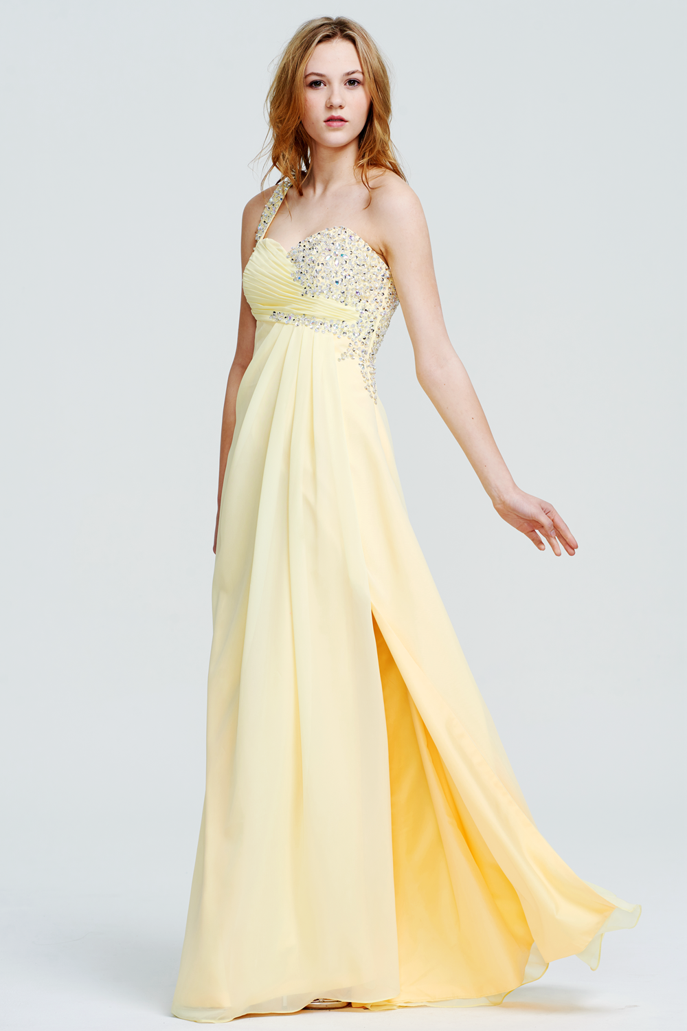 One-Shoulder Chiffon A-Line Prom Dress with Waist Cutout and Slit