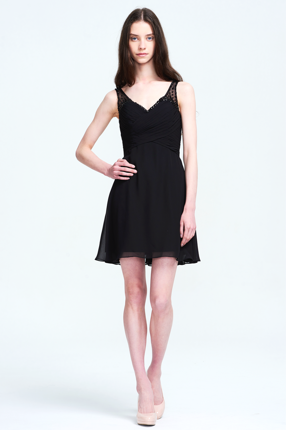 Black Sleeveless V-Neck Beaded Trim Ruched Chiffon Short Cocktail Dress Main image