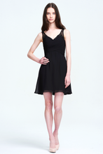 Black Sleeveless V-Neck Beaded Trim Ruched Chiffon Short Cocktail Dress