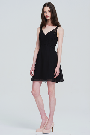 Black Short Ruched V-Neck Chiffon A-Line Cocktail Dress