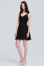 Black Sleeveless V-Neck Beaded Trim Ruched Chiffon Short Cocktail Dress