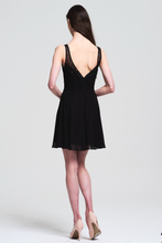 Black Sleeveless V-Neck Beaded Trim Ruched Chiffon Short Cocktail Dress