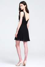 Black Sleeveless V-Neck Beaded Trim Ruched Chiffon Short Cocktail Dress