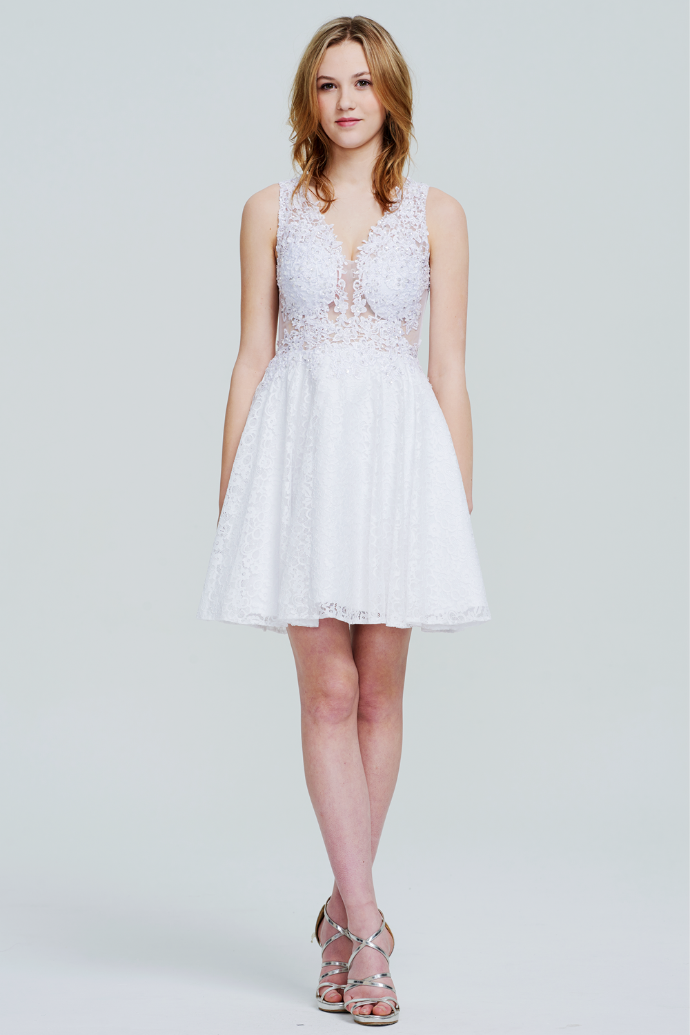 Illusion-Back Plunging Lace A-Line Short Homecoming Dress