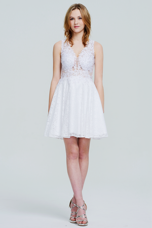 White Illusion-Back Plunging Lace A-Line Short Homecoming Dress