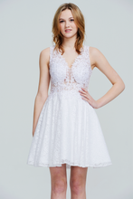 White Sleeveless V-Neck Lace Applique Illusion Short Homecoming Dress