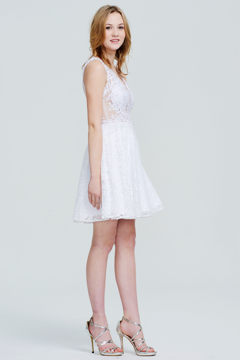 Illusion-Back Plunging Lace A-Line Short Homecoming Dress