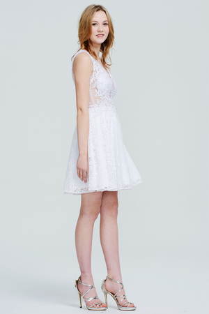 White Illusion-Back Plunging Lace A-Line Short Homecoming Dress