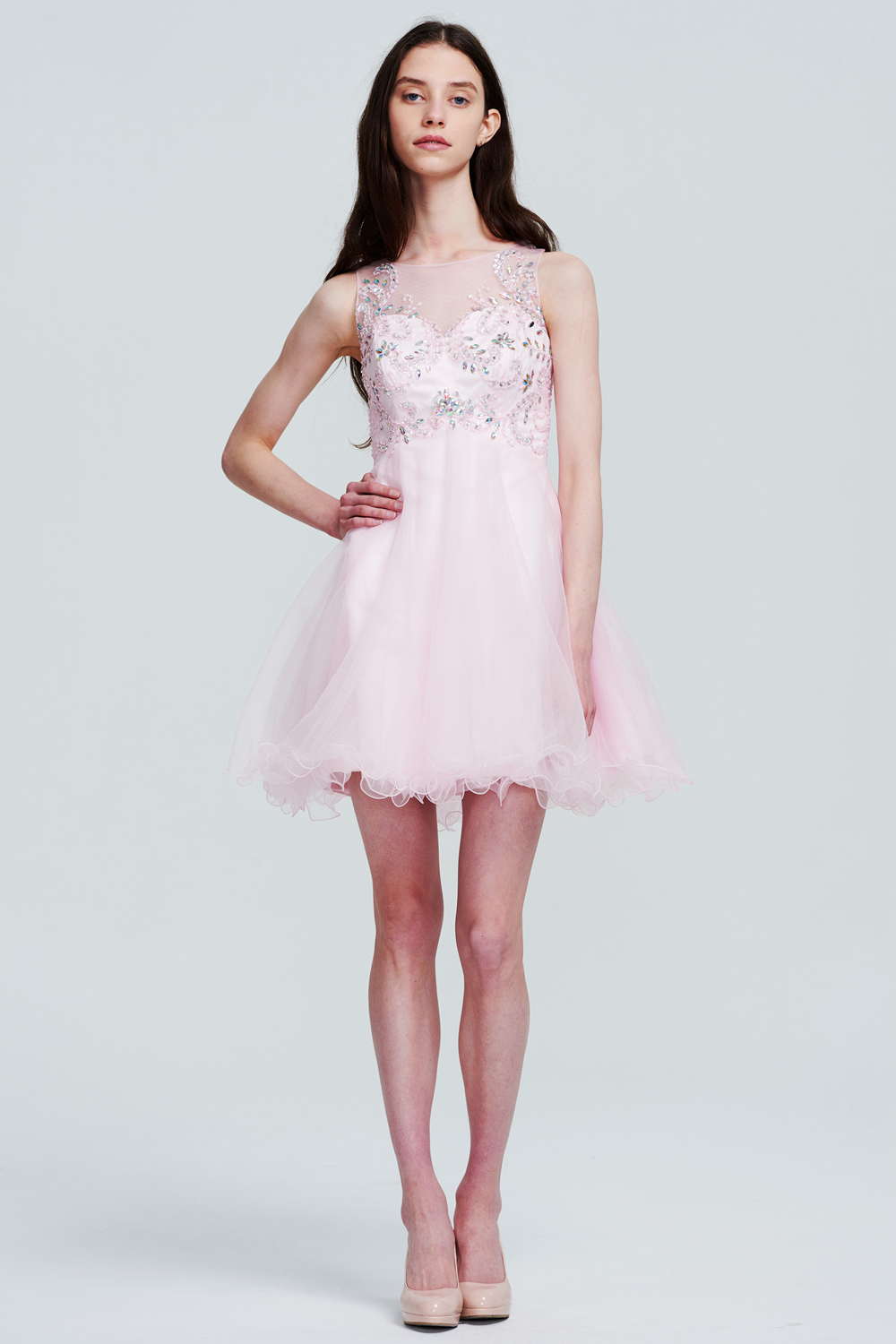 Tulle Homecoming Dress with Floral Illusion Bodice and Ruffled Hem