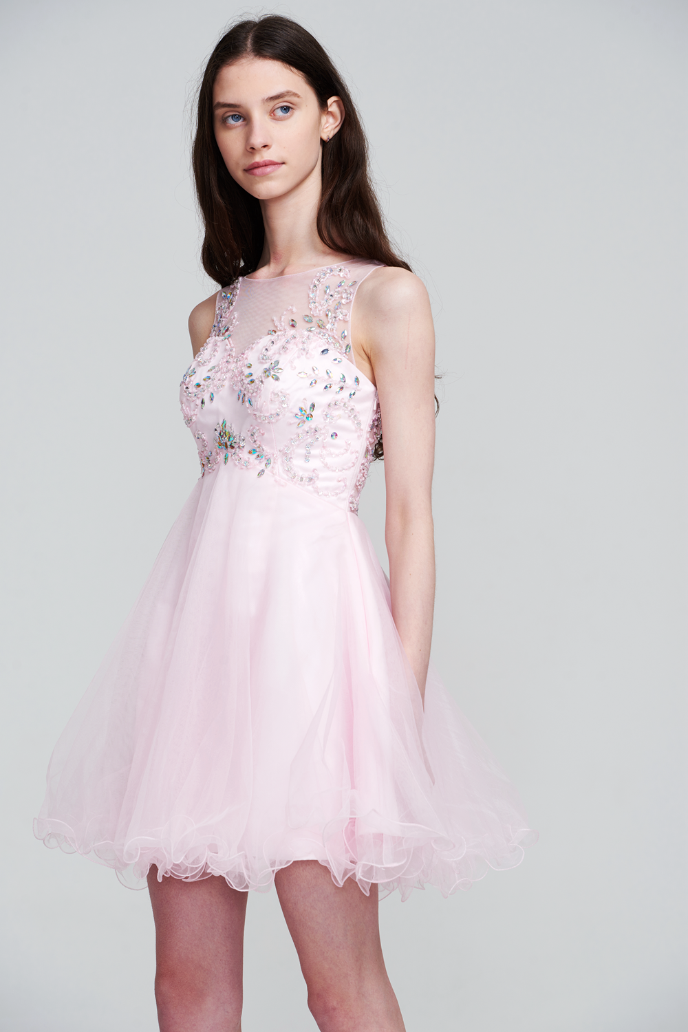 Tulle Homecoming Dress with Floral Illusion Bodice and Ruffled Hem