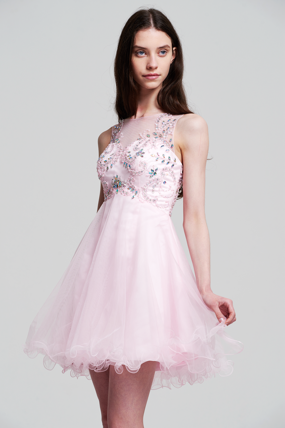 Tulle Homecoming Dress with Floral Illusion Bodice and Ruffled Hem