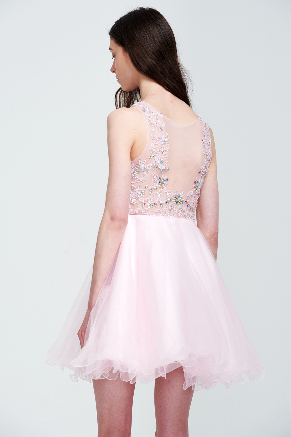 Tulle Homecoming Dress with Floral Illusion Bodice and Ruffled Hem