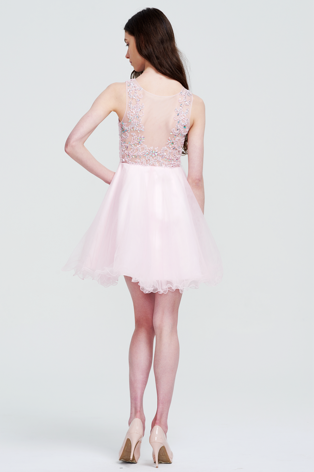 Tulle Homecoming Dress with Floral Illusion Bodice and Ruffled Hem