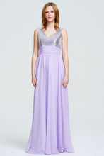 Lilac Sleeveless V-Neck Silver Sequin Bodice Chiffon Prom/Evening Dress